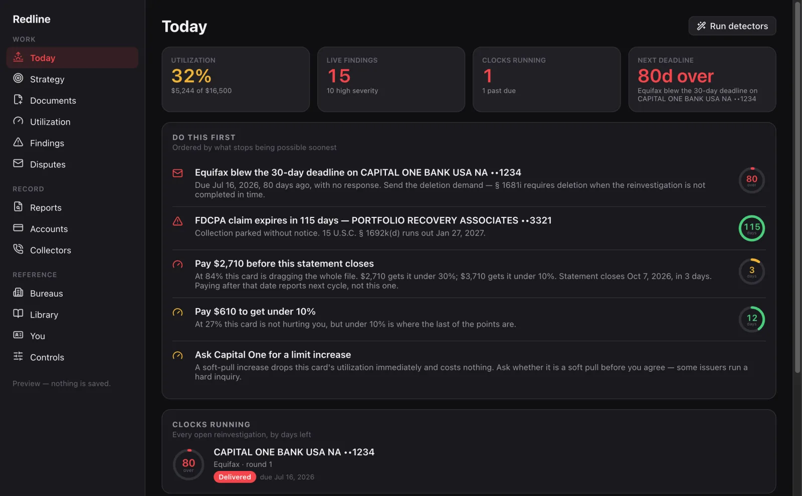 Today screen with utilization, findings, dispute clocks and next deadline