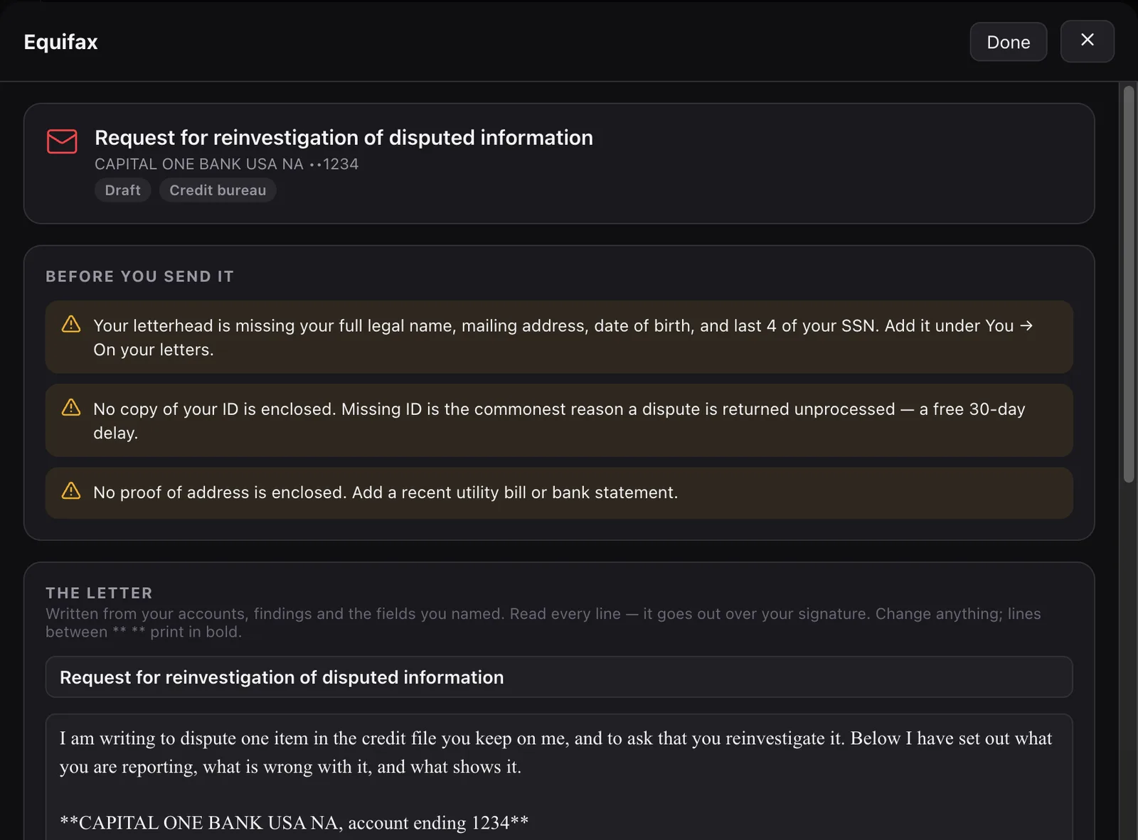 A drafted dispute letter with pre-send warnings